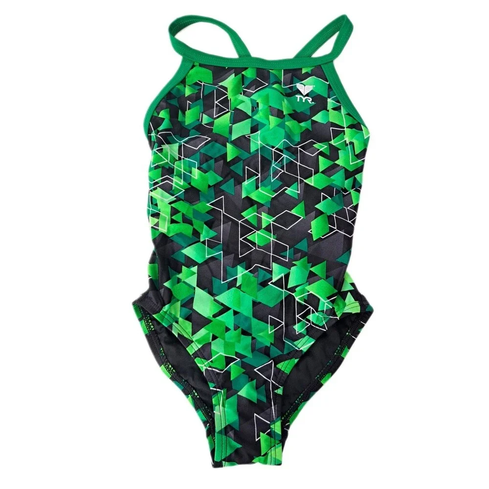 TYR Labrynth DiamondFit One Piece Swimsuit Keyhole Racerback Green Size 24 (7/8)